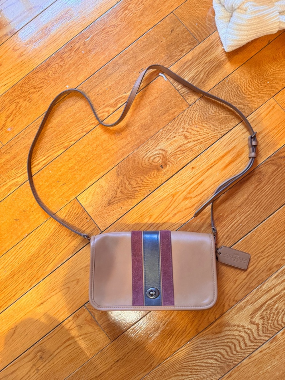 Coach Tan Varsity Dinky Penny Suede Stripe Crossbody